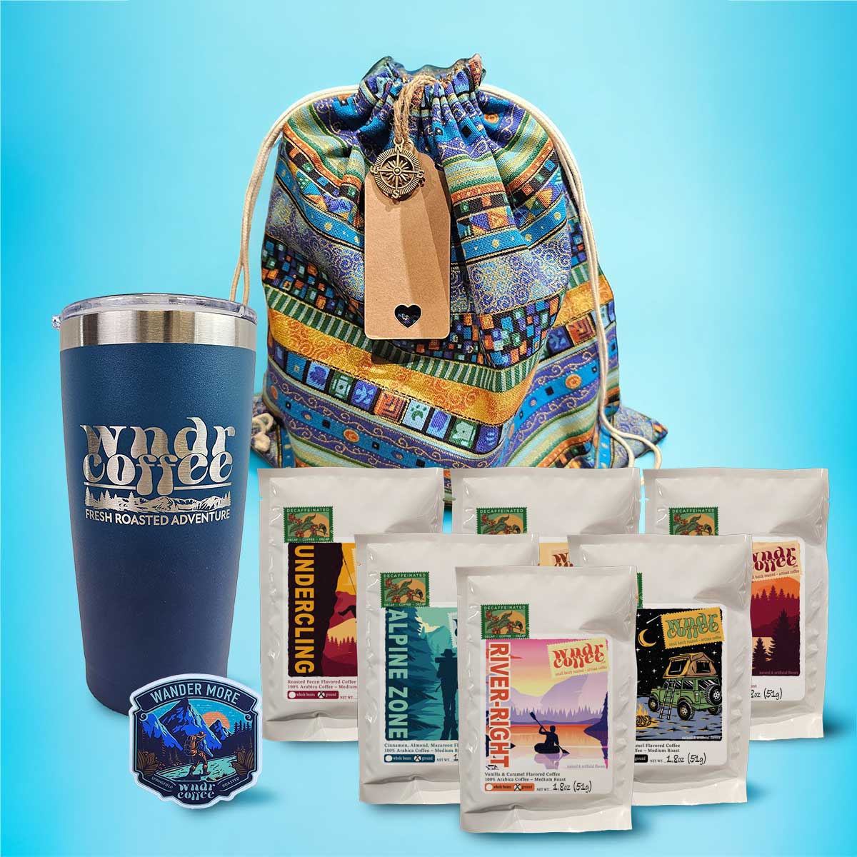 Gift-Set-1.8oz-flavored-decaf-bluegradient-tumbler-wandermoresticker