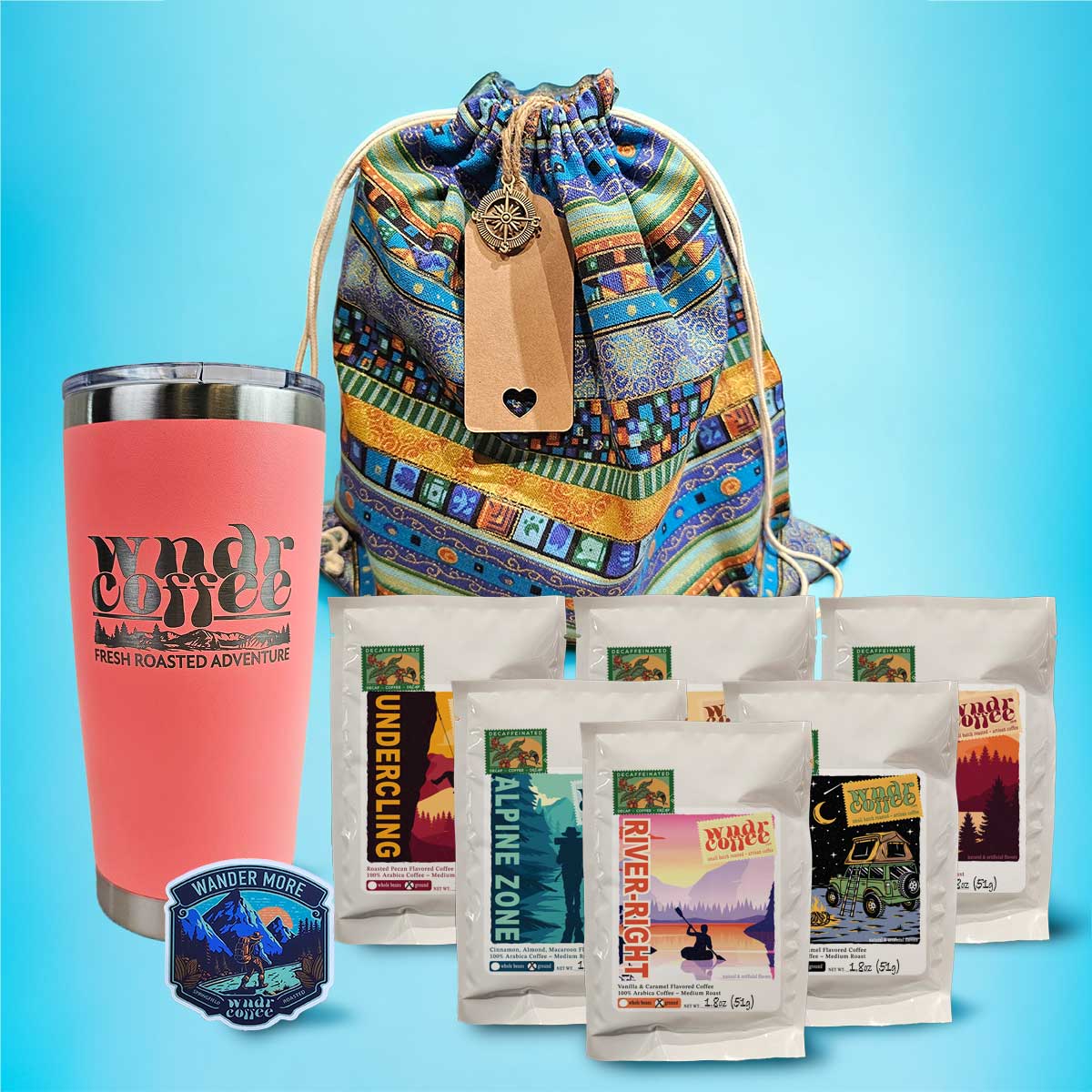 Gift-Set-1.8oz-flavored-decaf-darksalmon-tumbler-wandermoresticker