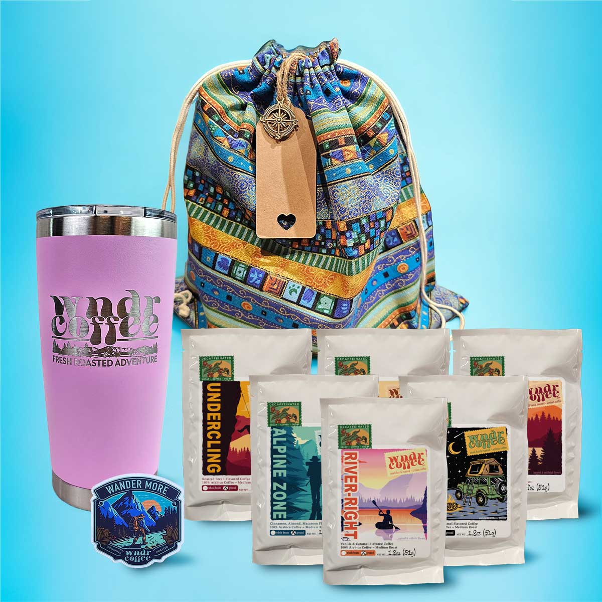 Gift-Set-1.8oz-flavored-decaf-lightpurple-tumbler-wandermoresticker
