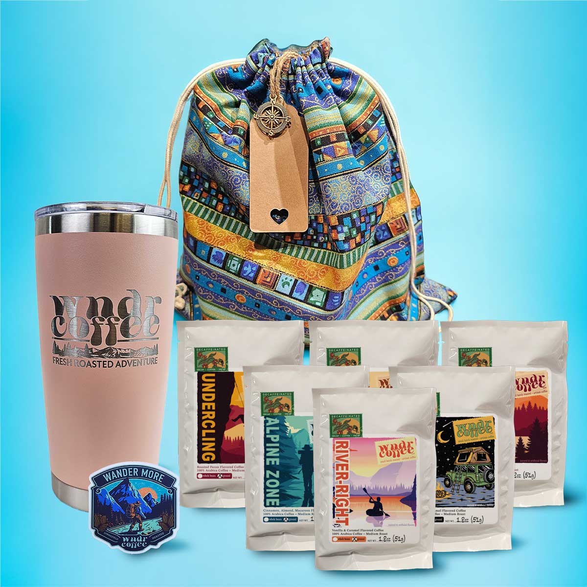 Gift-Set-1.8oz-flavored-decaf-lightsalmon-tumbler-wandermoresticker
