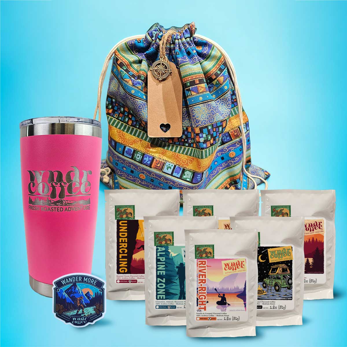 Gift-Set-1.8oz-flavored-decaf-neonpink-tumbler-wandermoresticker