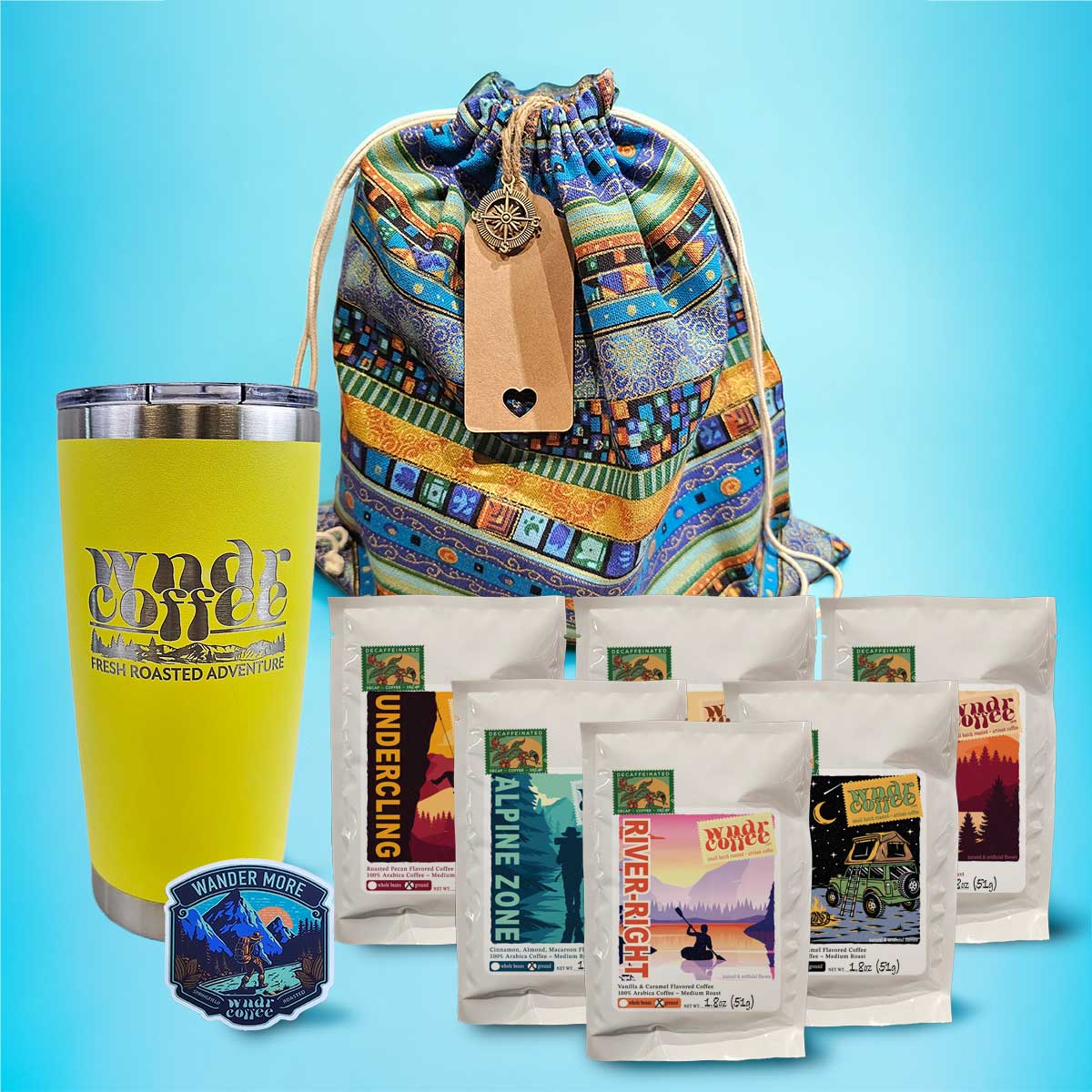 Gift-Set-1.8oz-flavored-decaf-neonyellow-tumbler-wandermoresticker