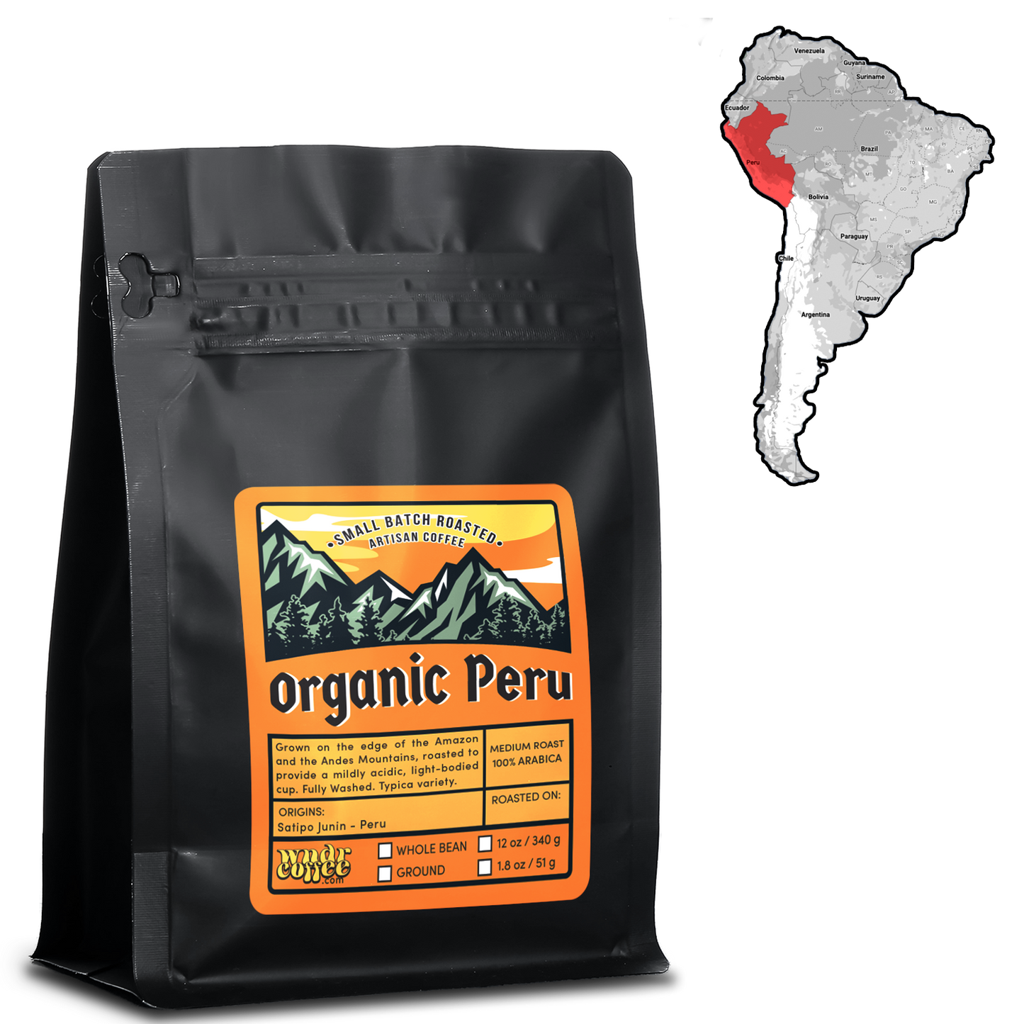 Map showing Peru location in South America next to a 12 oz bag of organic peru coffee