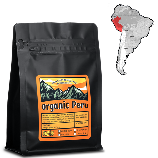 Map showing Peru location in South America next to a 12 oz bag of organic peru coffee