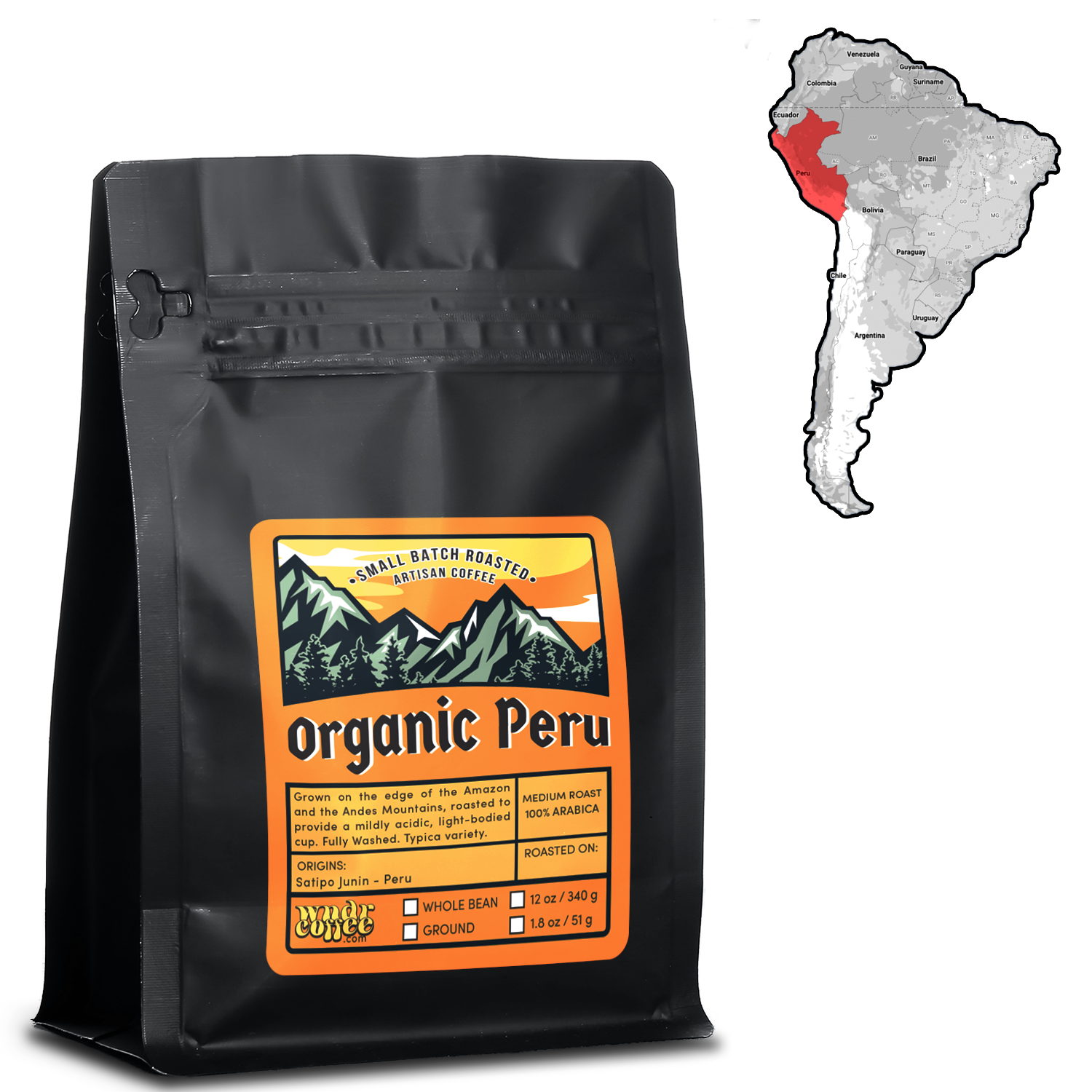Map showing Peru location in South America next to a 12 oz bag of organic peru coffee