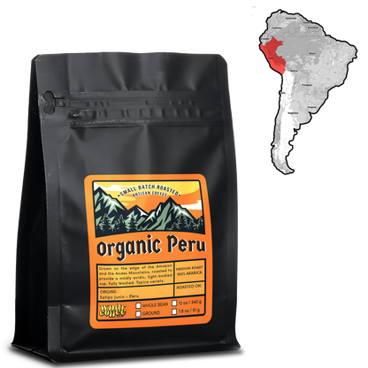 Map showing Peru location in South America next to a 12 oz bag of organic peru coffee